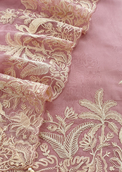 Kalasheel Luxe Lavender Handloom Organza Suit With Garden French Embroidery