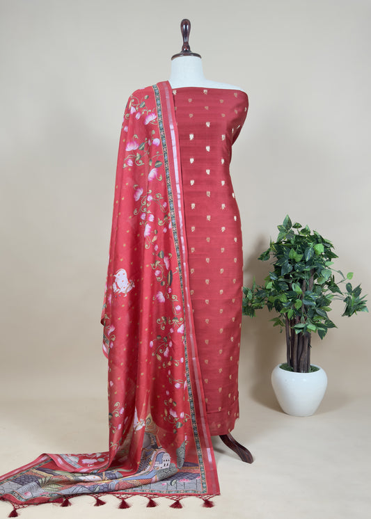 Pure Unstitched Handloom Banarasi Chanderi Suit Brushprint Dupatta