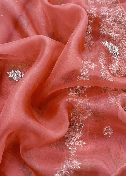 Orange Block Print Tissue Silk Kurta And Kora Silk Dupatta With Handwork