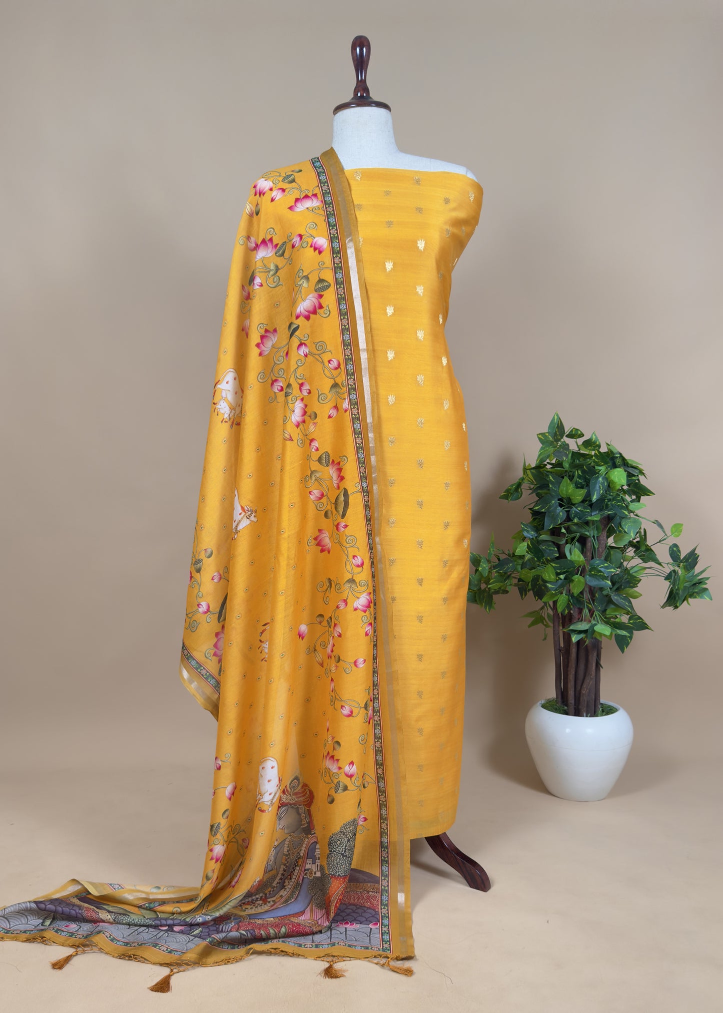 Pure Unstitched Handloom Banarasi Chanderi Suit Brushprint Dupatta