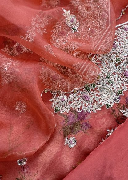 Orange Block Print Tissue Silk Kurta And Kora Silk Dupatta With Handwork