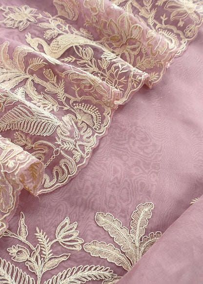 Kalasheel Luxe Lavender Handloom Organza Suit With Garden French Embroidery