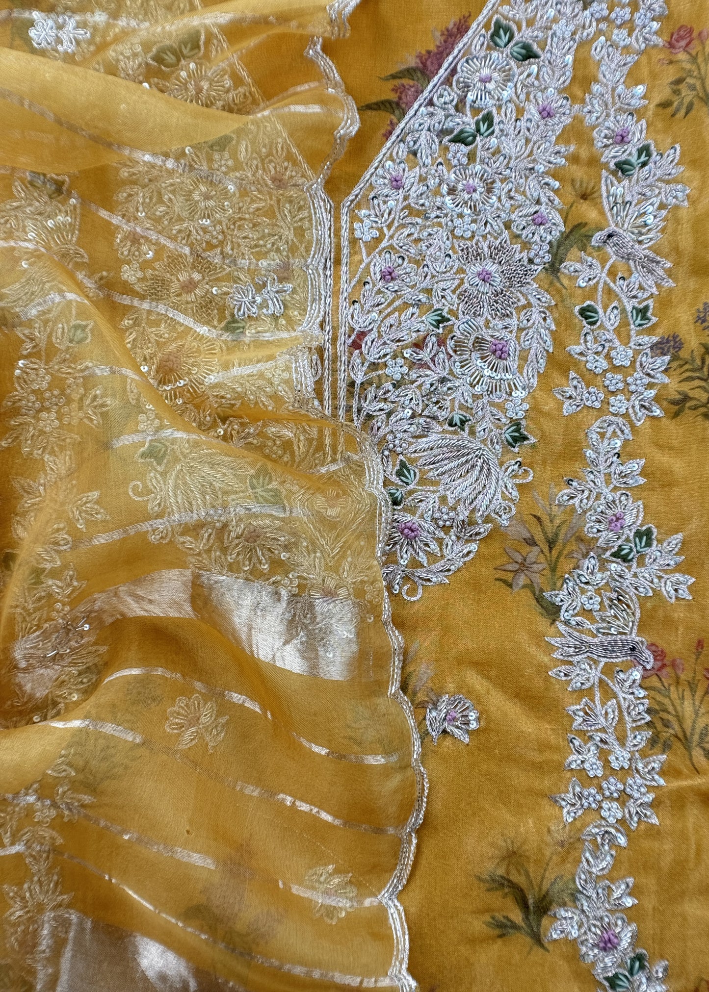 Yellow Block Print Tissue Silk Kurta And Kora Silk Dupatta With Handwork