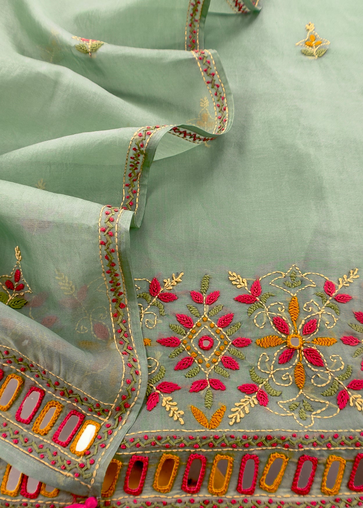 Soft Seagreen Handloom Kora Silk Suit With Mirrors And Kantha Handwork