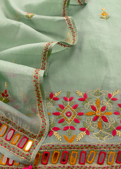Soft Seagreen Handloom Kora Silk Suit With Mirrors And Kantha Handwork