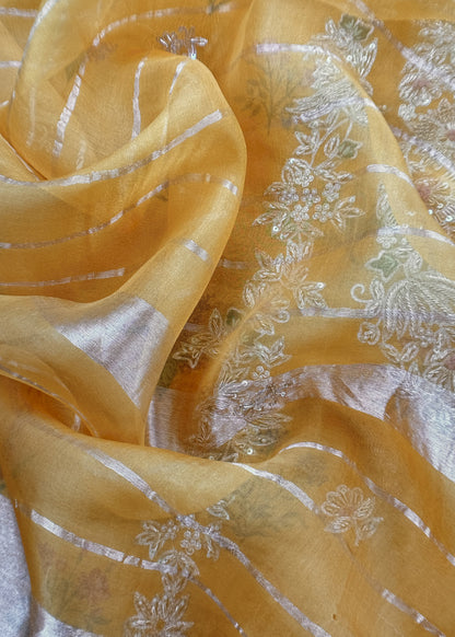 Yellow Block Print Tissue Silk Kurta And Kora Silk Dupatta With Handwork