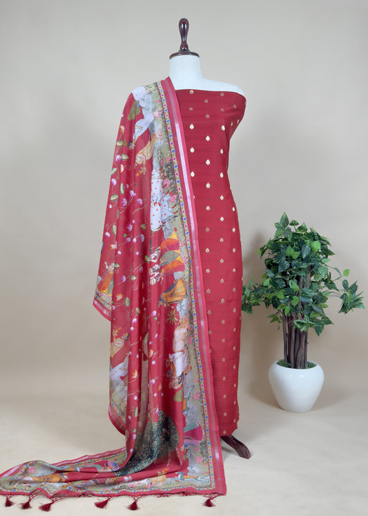 Pure Unstitched Handloom Banarasi Chanderi Suit Brushprint Dupatta