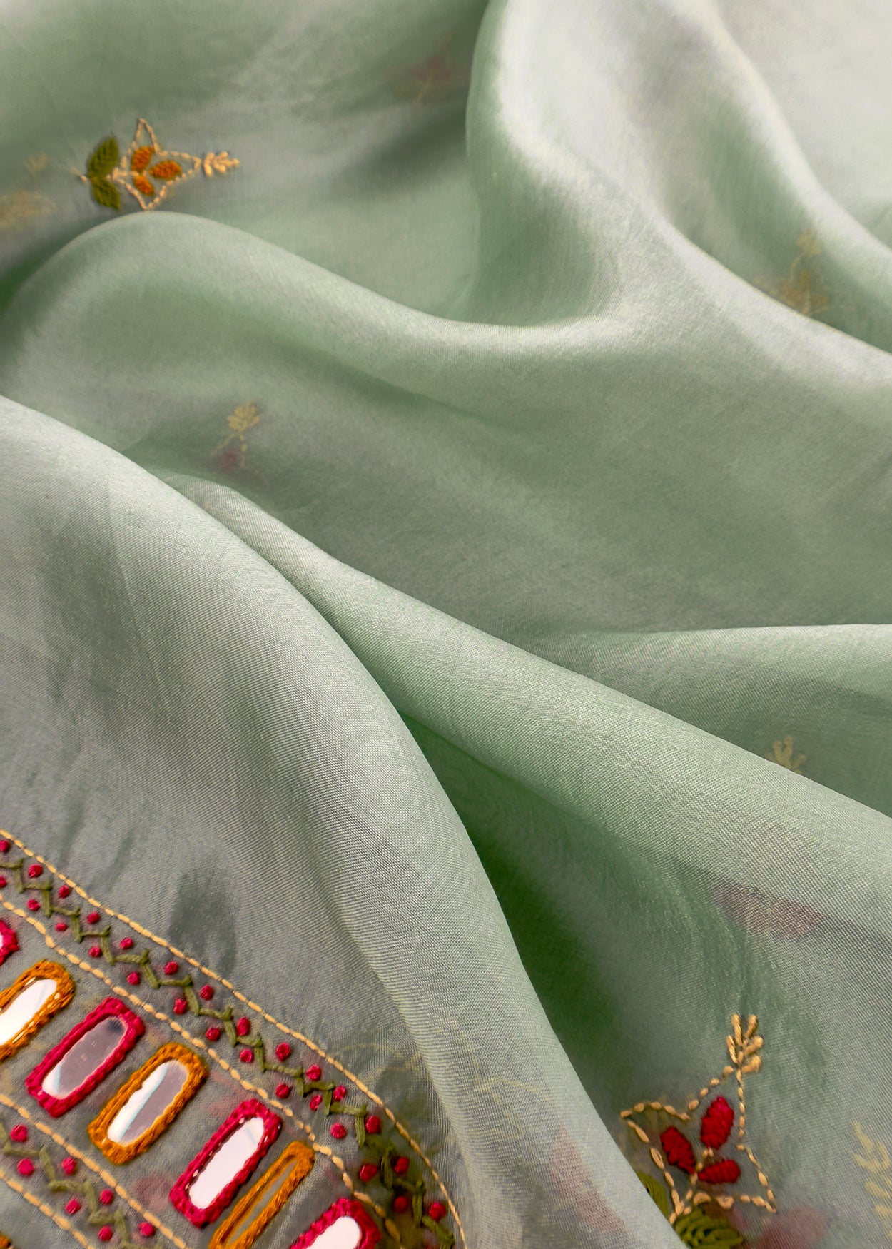 Soft Seagreen Handloom Kora Silk Suit With Mirrors And Kantha Handwork