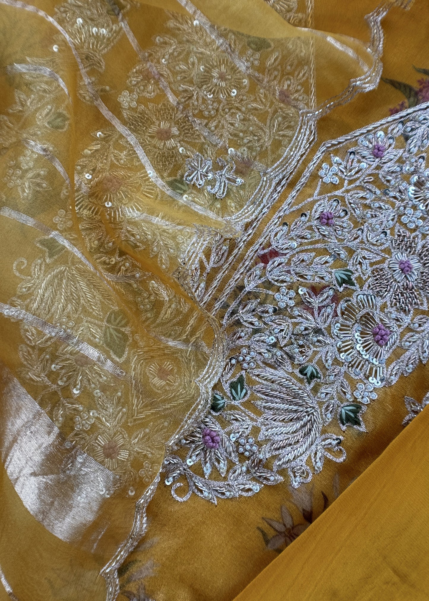 Yellow Block Print Tissue Silk Kurta And Kora Silk Dupatta With Handwork