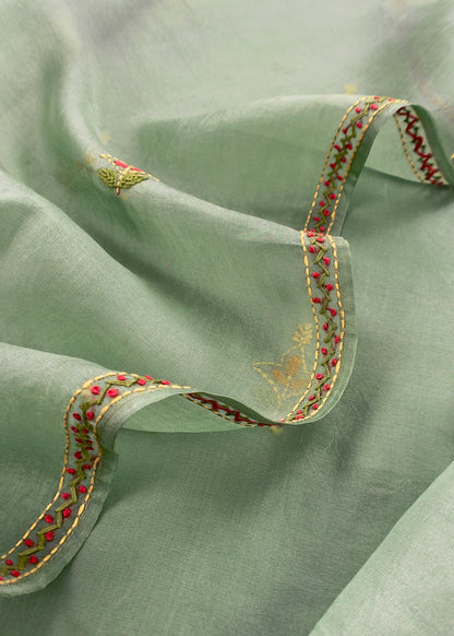 Soft Seagreen Handloom Kora Silk Suit With Mirrors And Kantha Handwork