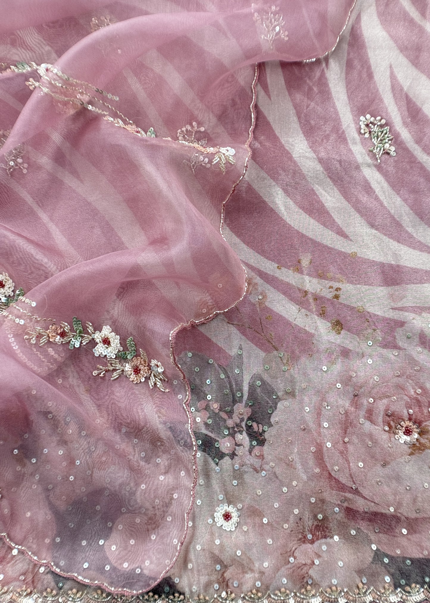 Pink Brush Print Tissue Silk Kurta And Kora Silk Dupatta With Handwork