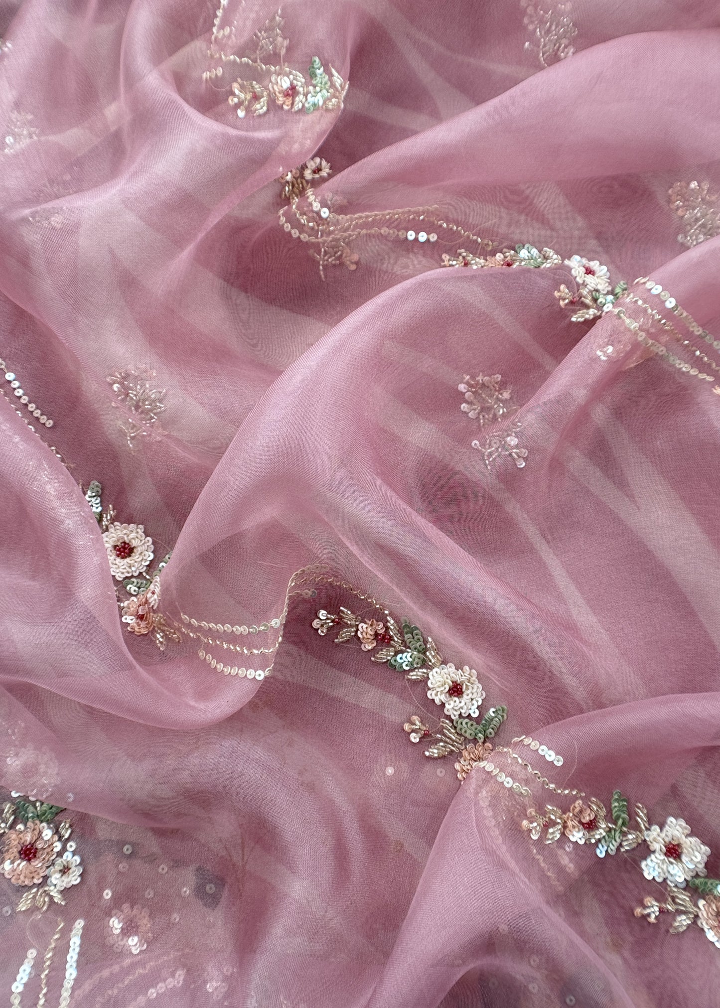 Pink Brush Print Tissue Silk Kurta And Kora Silk Dupatta With Handwork