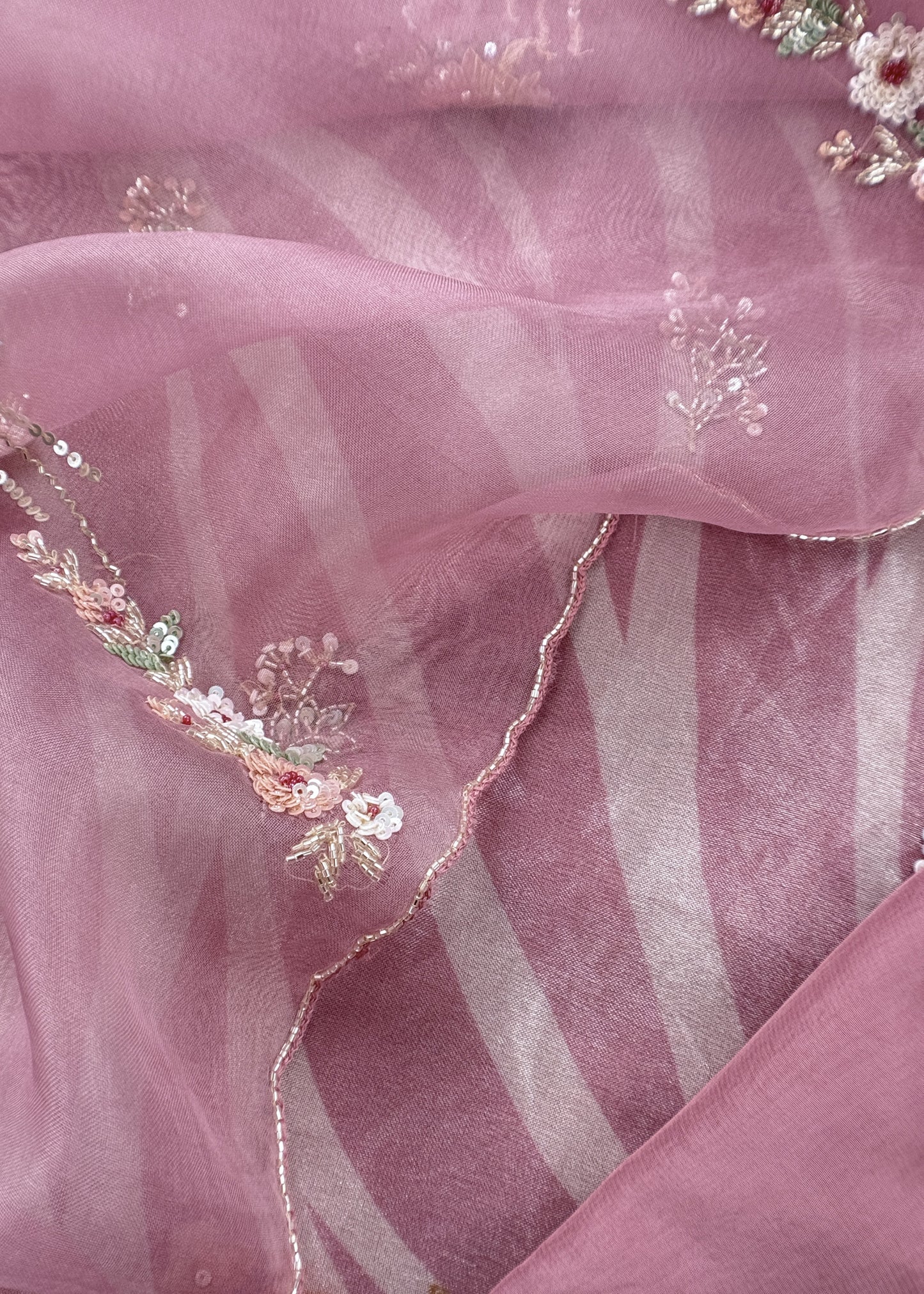 Pink Brush Print Tissue Silk Kurta And Kora Silk Dupatta With Handwork