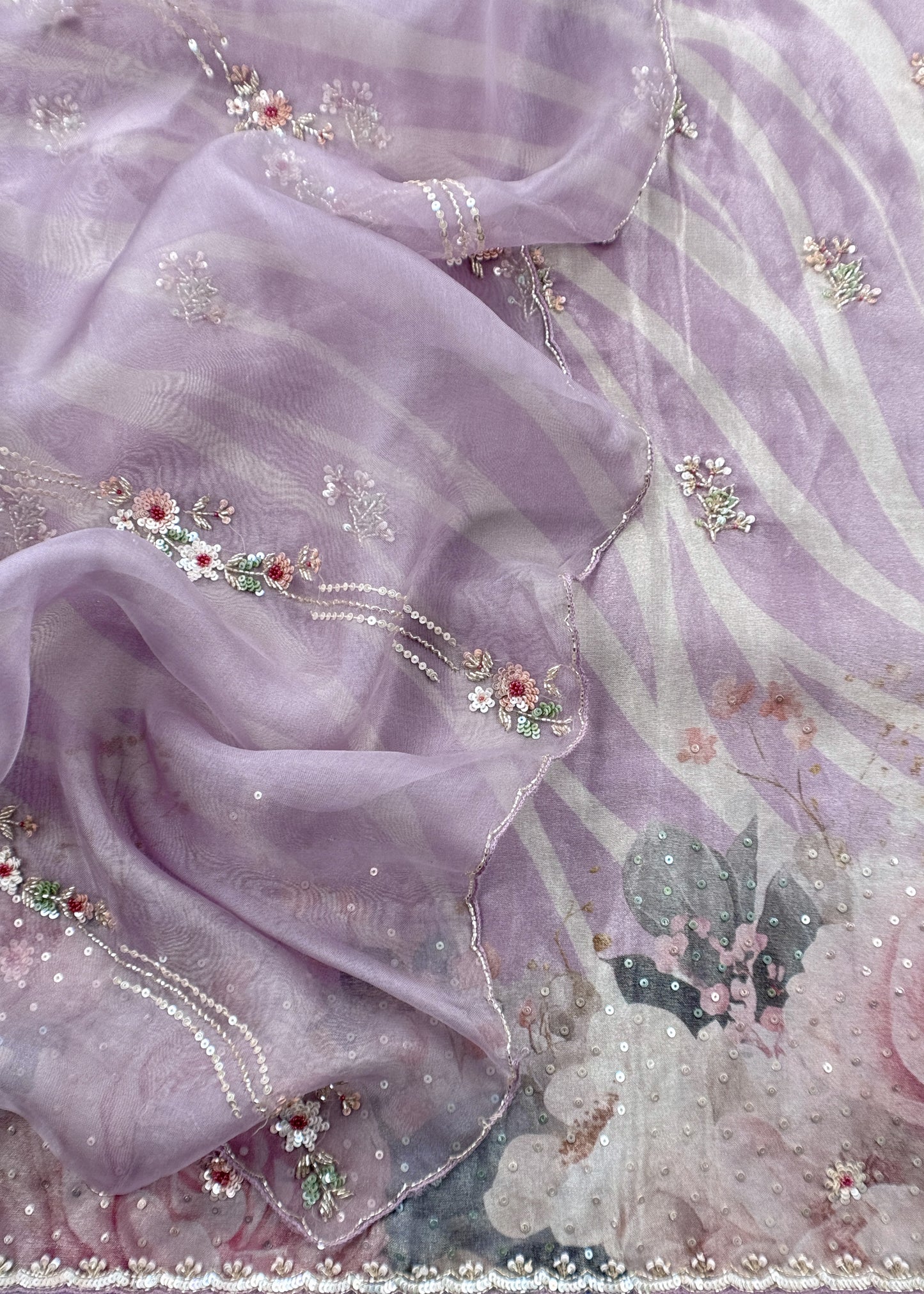 Lavender Brush Print Tissue Silk Kurta And Kora Silk Dupatta With Handwork