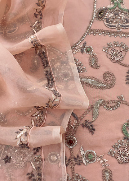 Luxe Baby Pink Handloom Kora Silk Unstitched Suit Fabric With Antique Dabka Dori Hand Embroidery