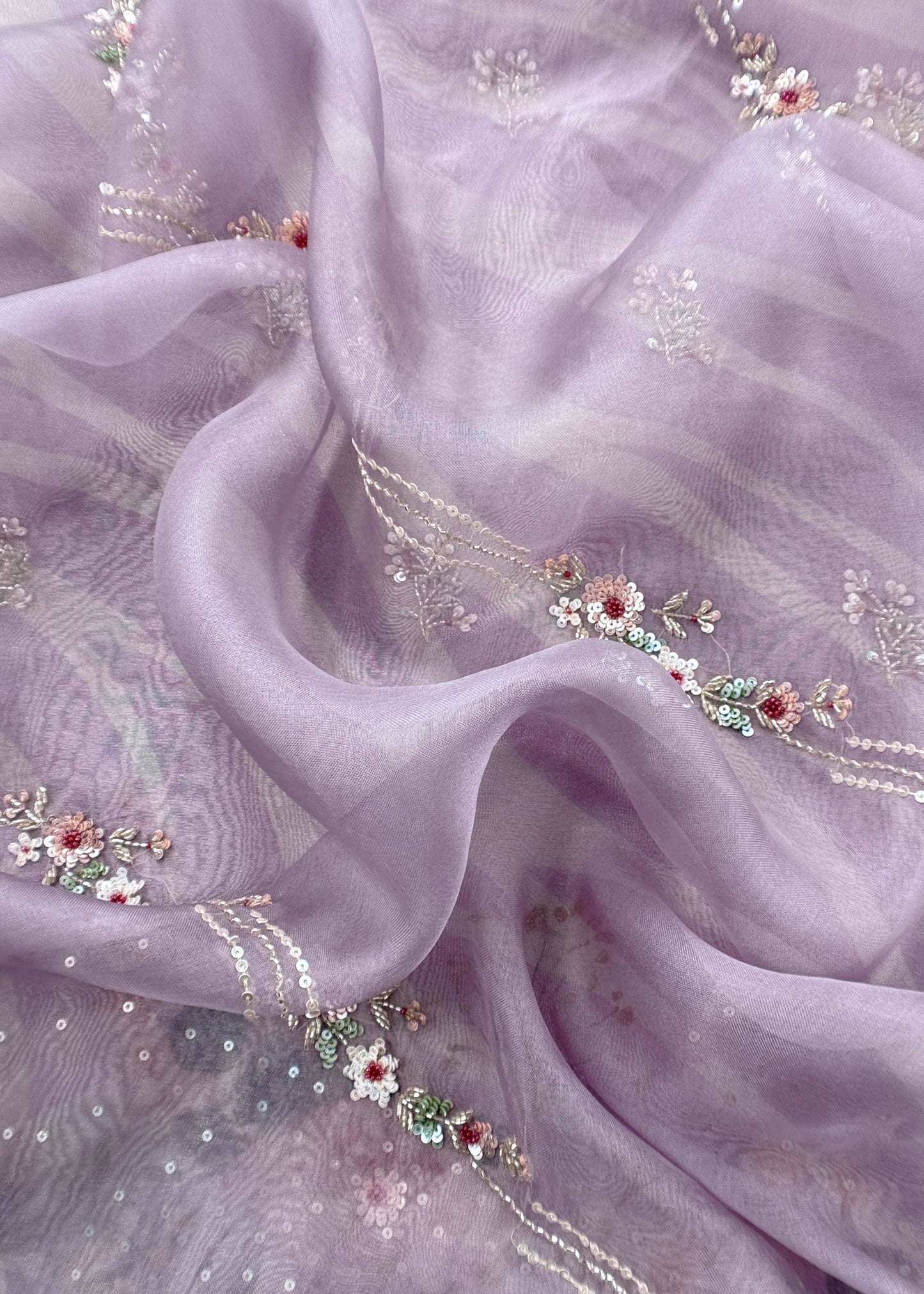 Lavender Brush Print Tissue Silk Kurta And Kora Silk Dupatta With Handwork