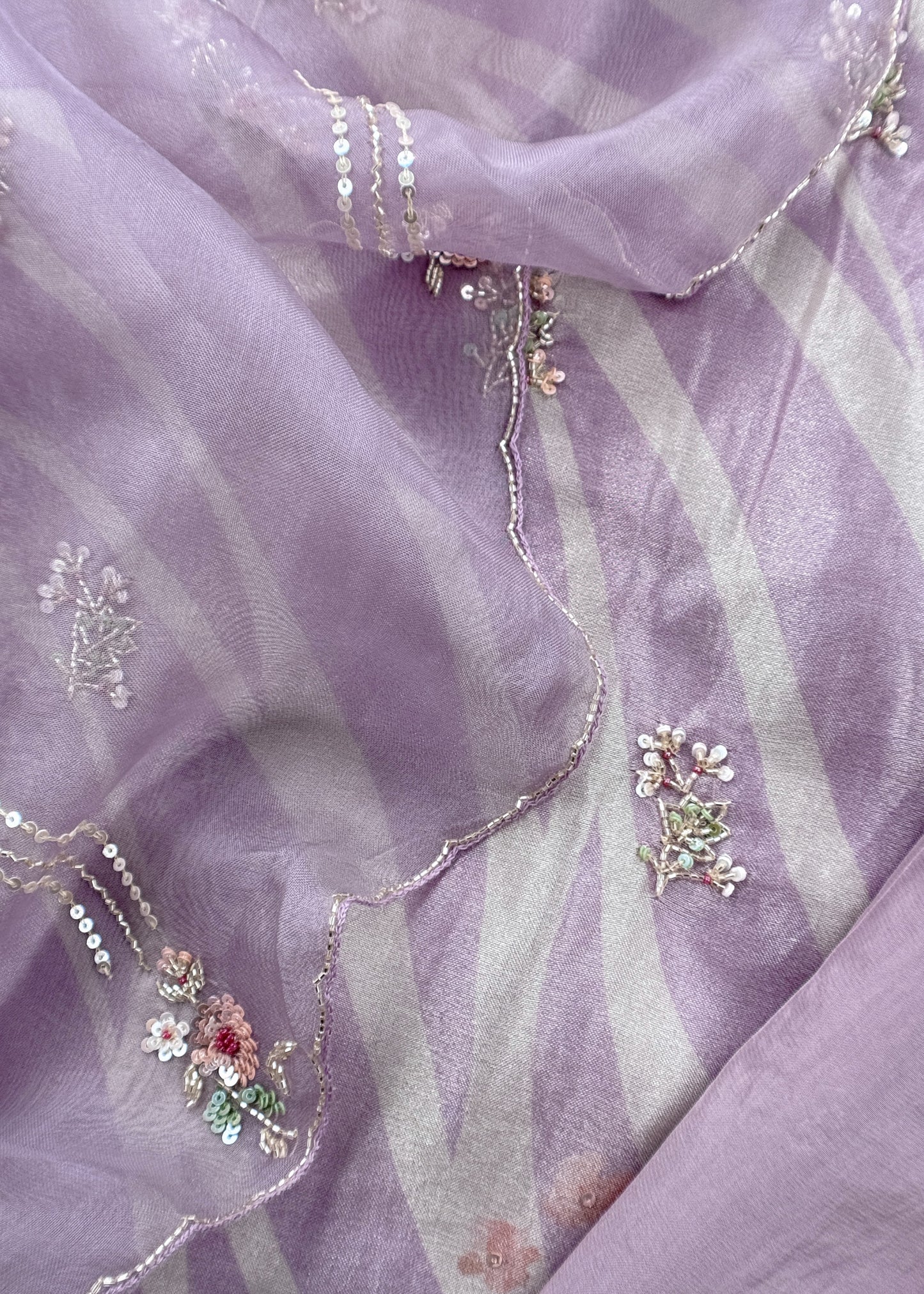 Lavender Brush Print Tissue Silk Kurta And Kora Silk Dupatta With Handwork