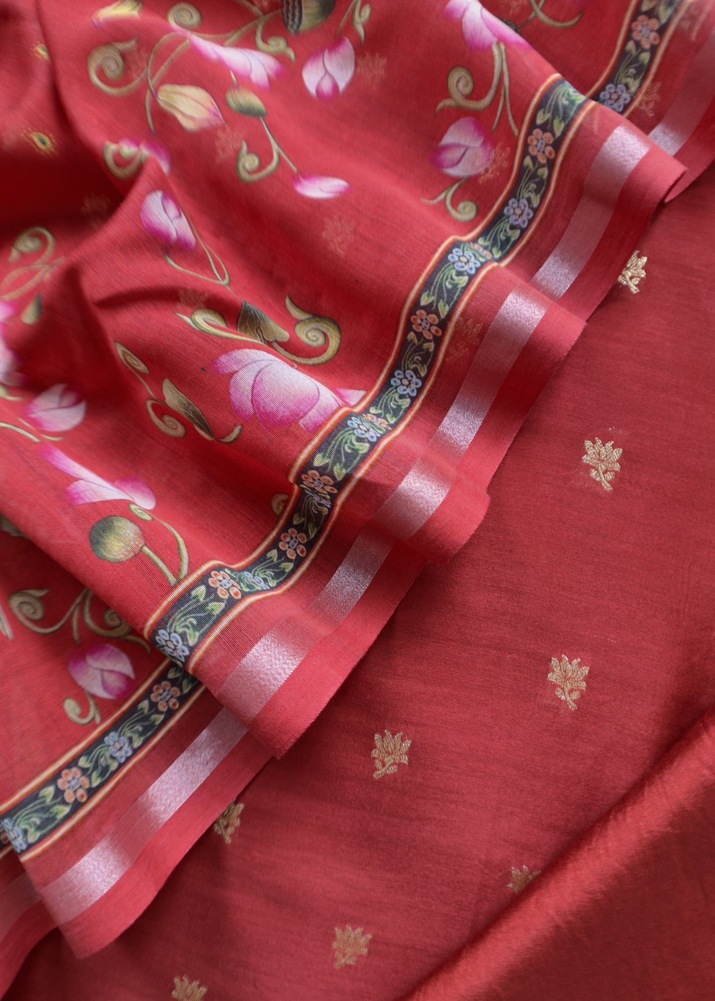 Pure Unstitched Handloom Banarasi Chanderi Suit Brushprint Dupatta