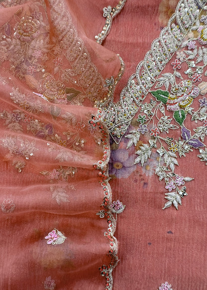 Orange Wedding Bells Pure Tissue Silk Unstitched Suit Fabric With Dabka And Zardosi Handwork