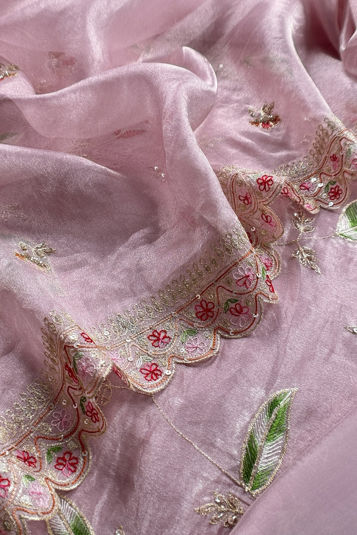 Lavender Pure Tissue Silk Suit With Resham thread Embroidery