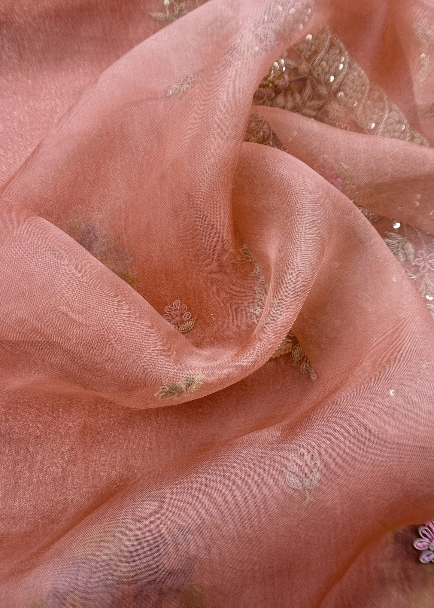 Orange Wedding Bells Pure Tissue Silk Unstitched Suit Fabric With Dabka And Zardosi Handwork