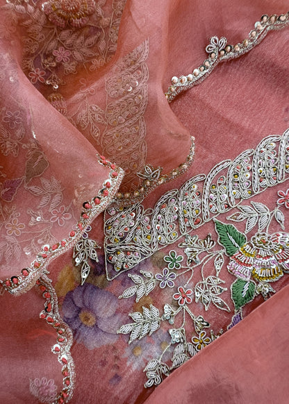 Orange Wedding Bells Pure Tissue Silk Unstitched Suit Fabric With Dabka And Zardosi Handwork