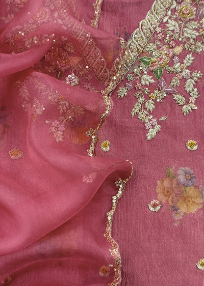 Pink Wedding Bells Pure Tissue Silk Unstitched Suit Fabric With Dabka And Zardosi Handwork