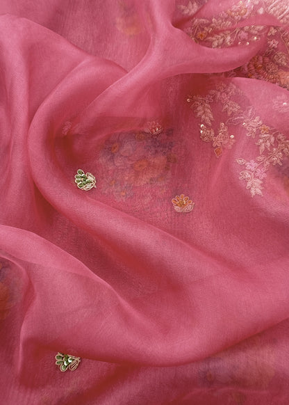 Pink Wedding Bells Pure Tissue Silk Unstitched Suit Fabric With Dabka And Zardosi Handwork