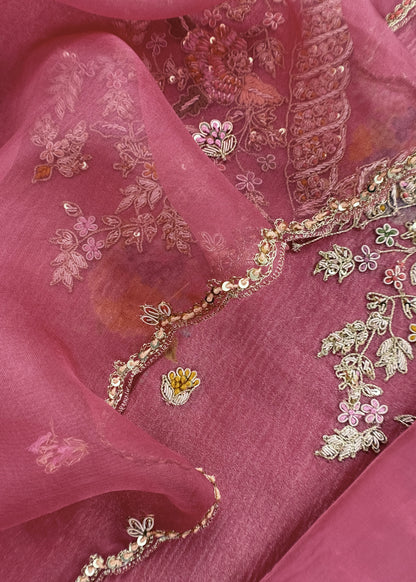 Pink Wedding Bells Pure Tissue Silk Unstitched Suit Fabric With Dabka And Zardosi Handwork