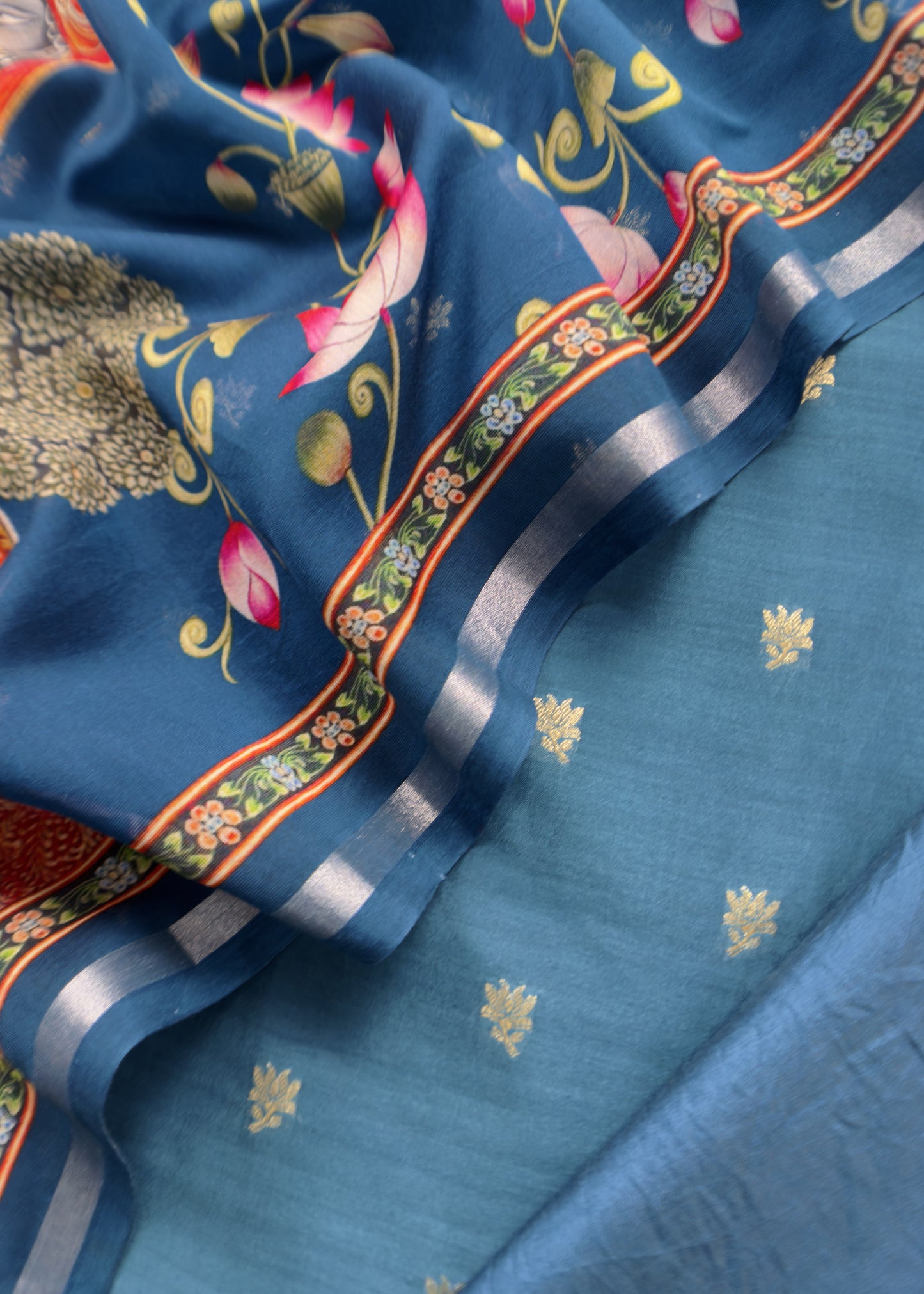 Pure Unstitched Handloom Banarasi Chanderi Suit Brushprint Dupatta