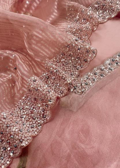Pink Pastel Unstitched Dupatta-Suit in Handloom Tissue-Silk with Pearl and Sequins