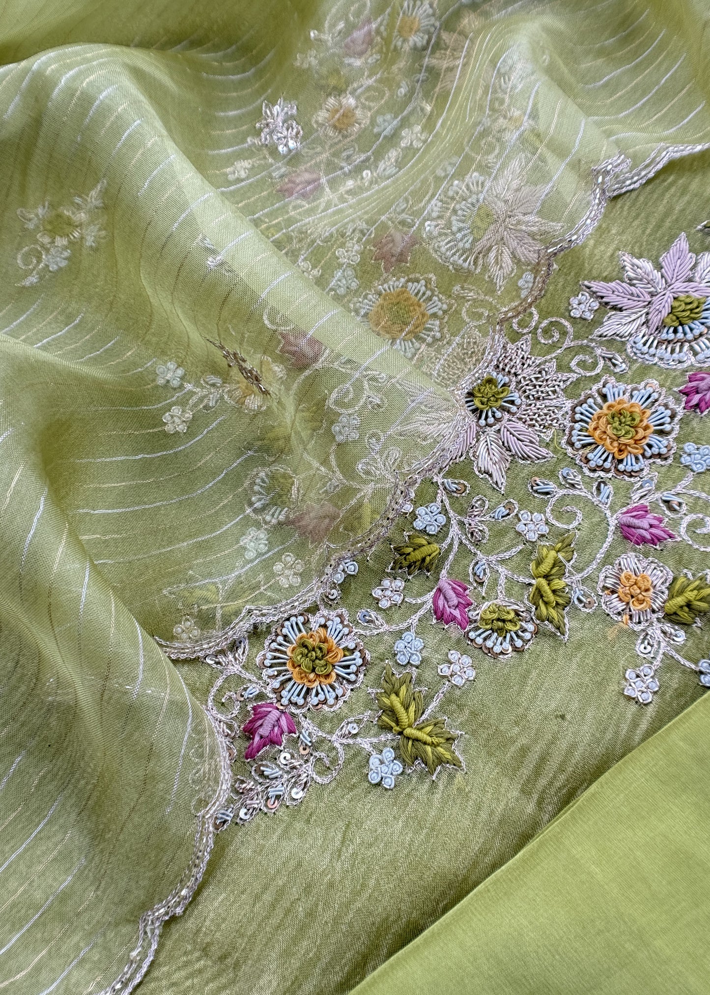 Kalasheel Luxe Green Pure Crushed Tissue Kurta And Organza Dupatta With Zardosi And Dabka Handwork