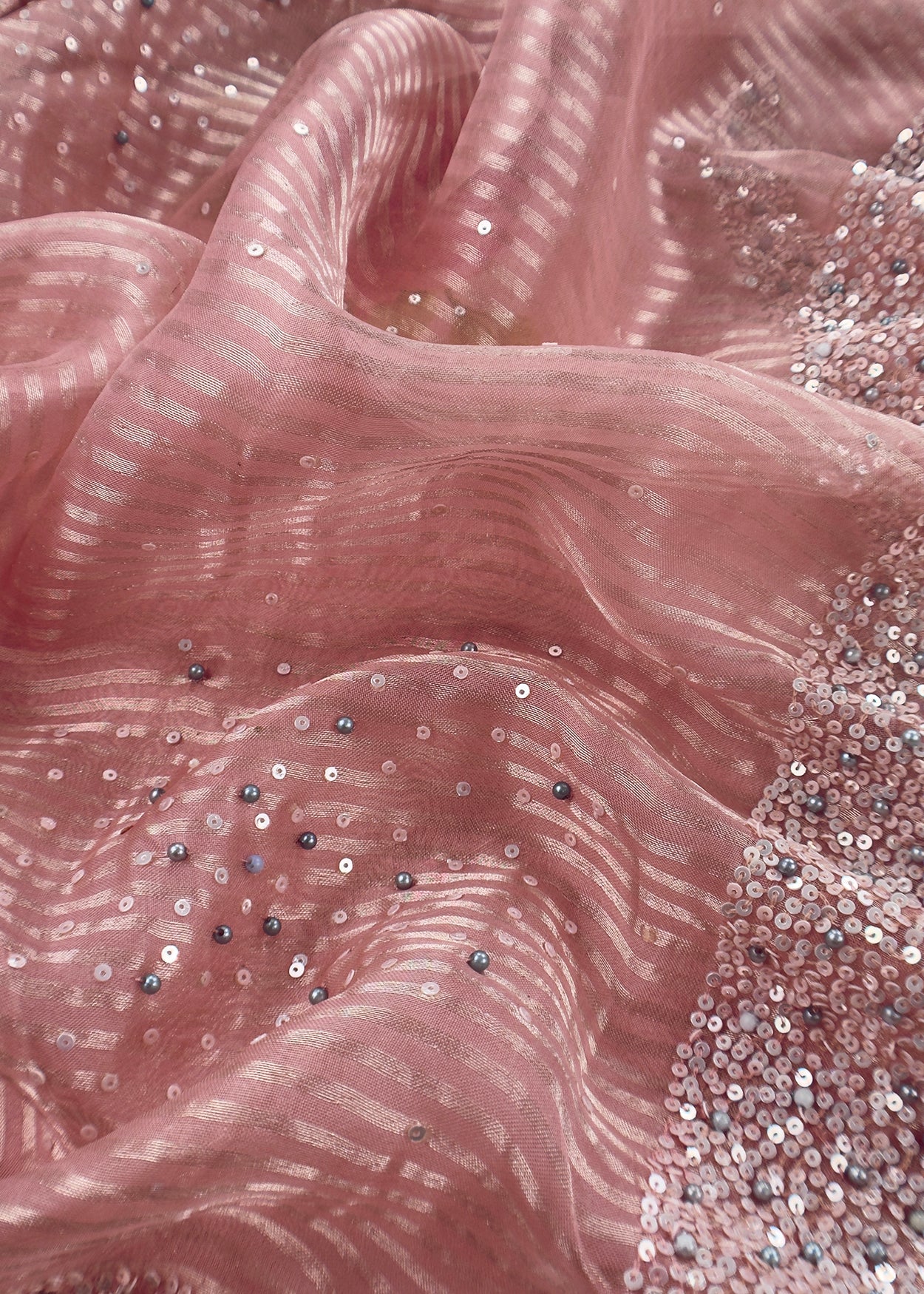 Pink Pastel Unstitched Dupatta-Suit in Handloom Tissue-Silk with Pearl and Sequins