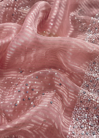 Pink Pastel Unstitched Dupatta-Suit in Handloom Tissue-Silk with Pearl and Sequins