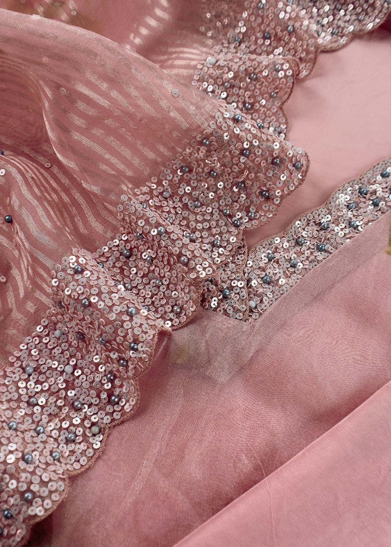 Pink Pastel Unstitched Dupatta-Suit in Handloom Tissue-Silk with Pearl and Sequins