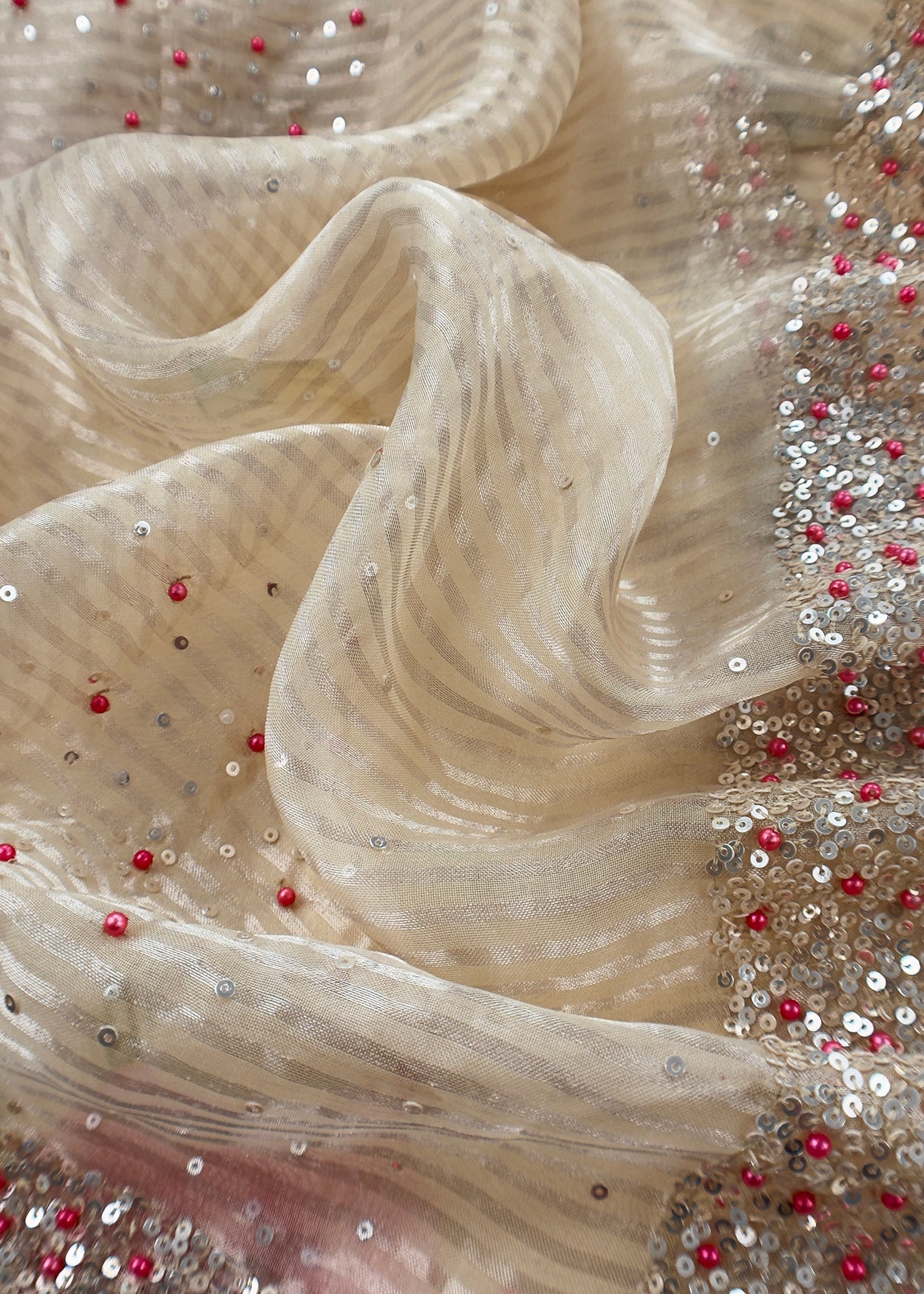Beige Pastel Unstitched Dupatta-Suit In Handloom Tissue-Silk With Pearl And Sequins