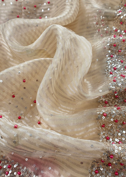 Beige Pastel Unstitched Dupatta-Suit In Handloom Tissue-Silk With Pearl And Sequins