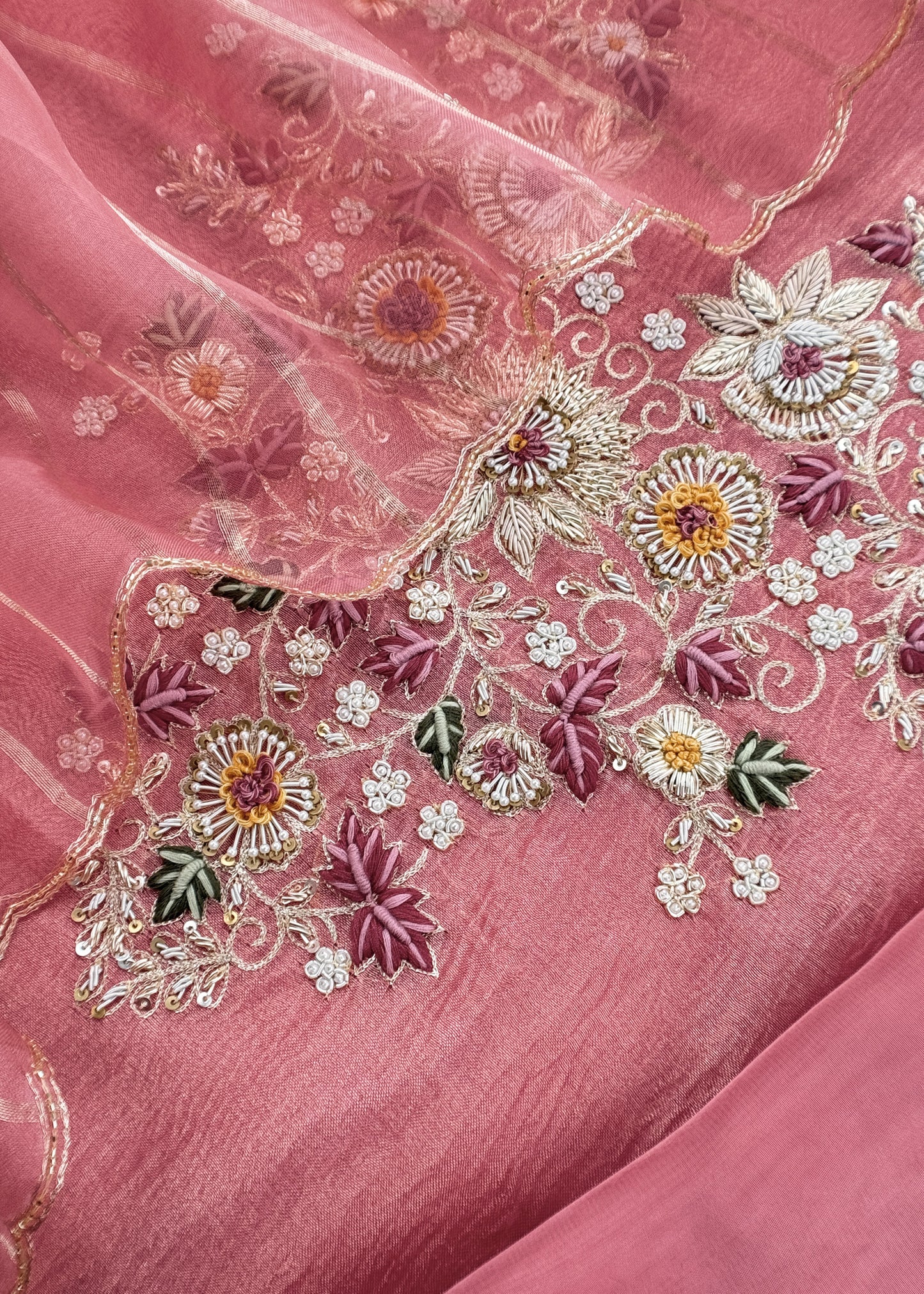 Kalasheel Luxe Pink Pure Crushed Tissue Kurta And Organza Dupatta With Zardosi And Dabka Handwork