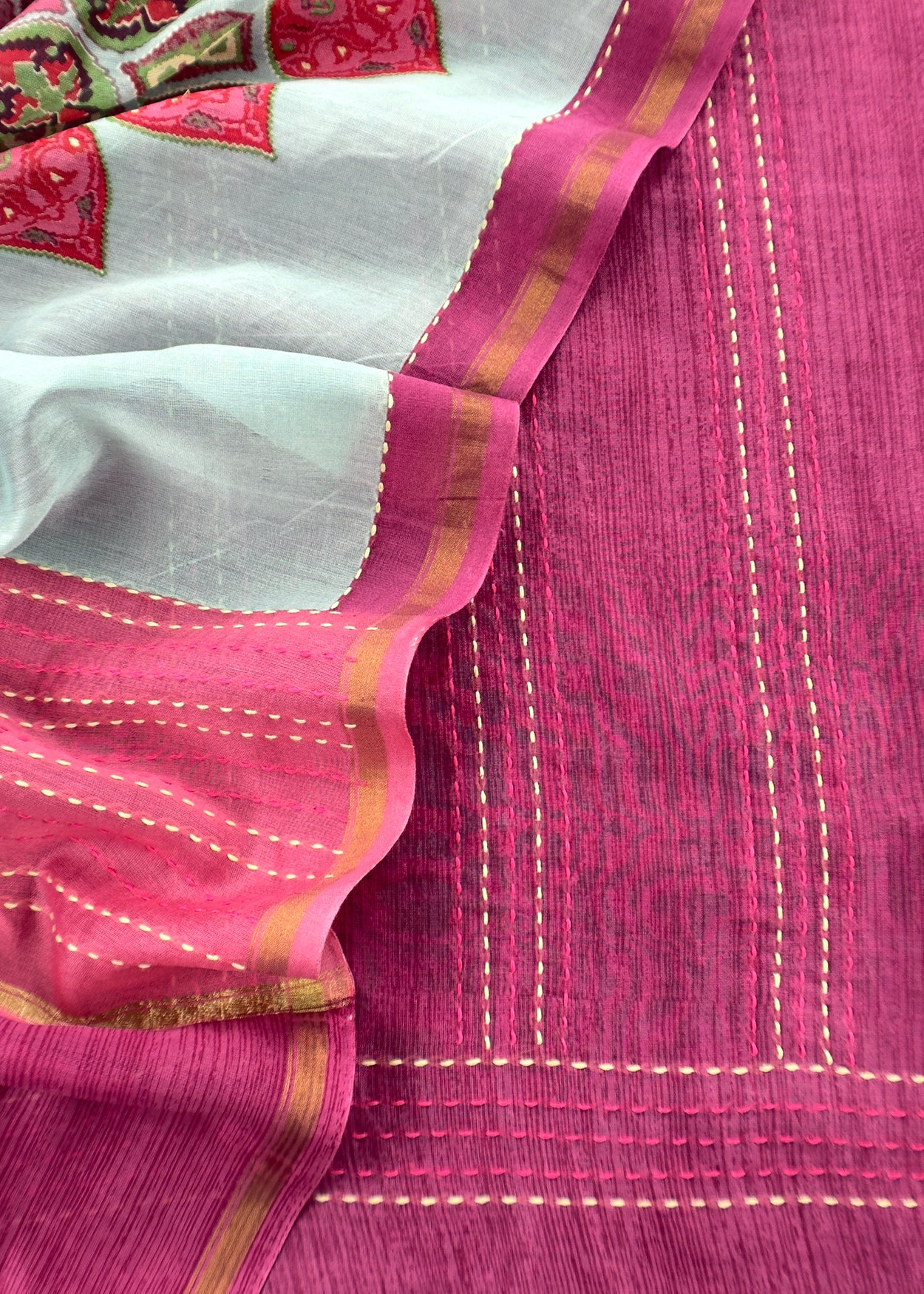 Pure maheshwari suit with Kantha stitch hand embroidered.

