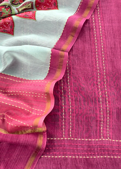 Pure maheshwari suit with Kantha stitch hand embroidered.

