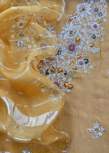 Kalasheel Luxe Honey Yellow Pure Crushed Tissue Kurta And Organza Dupatta With Zardosi And Dabka Handwork