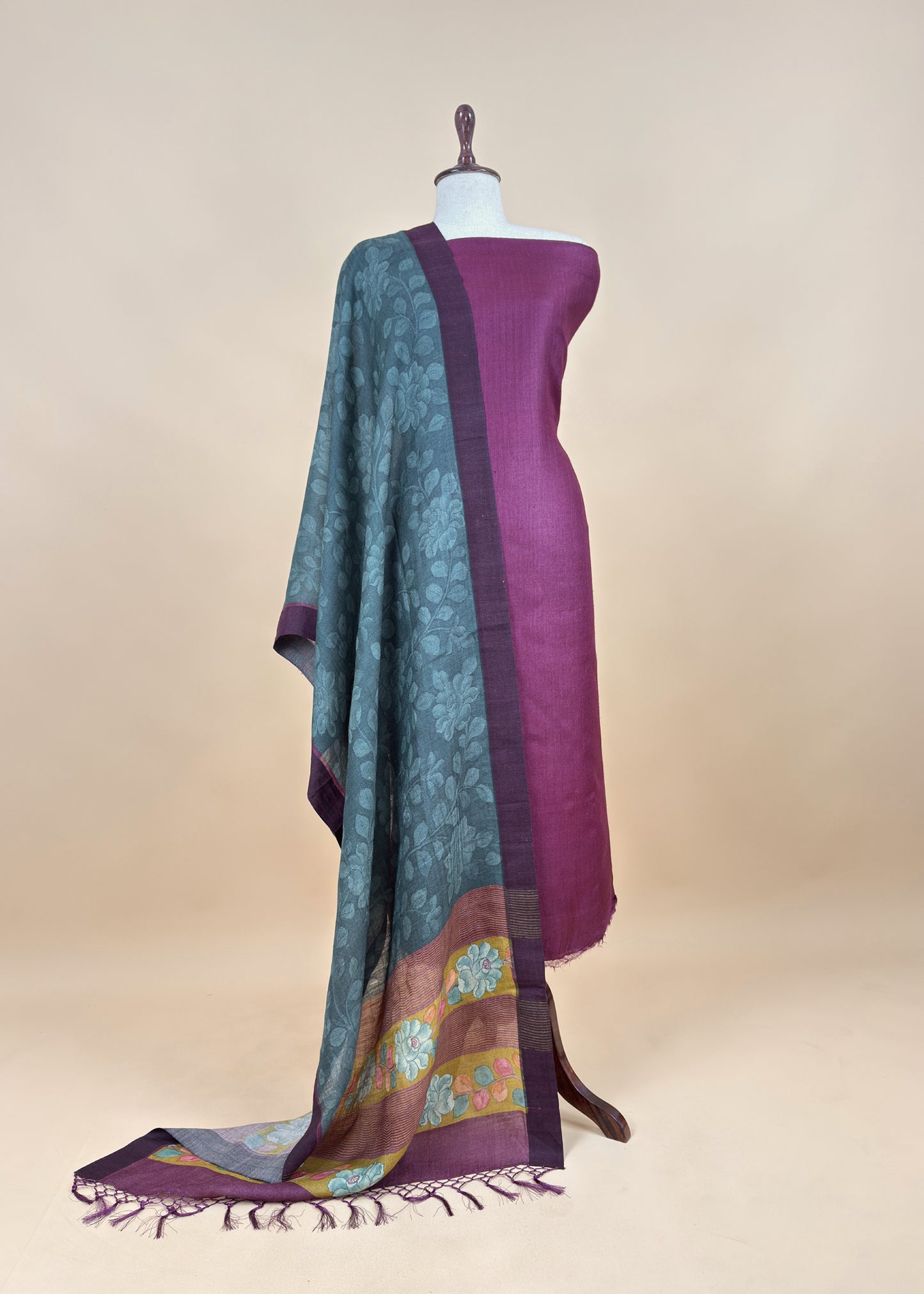 Blue Pashmina Unstitched Suits With Kalamkari Dupatta