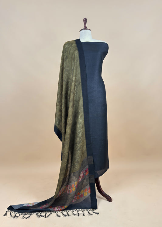 Black Pashmina Unstitched Suits With Kalamkari Dupatta
