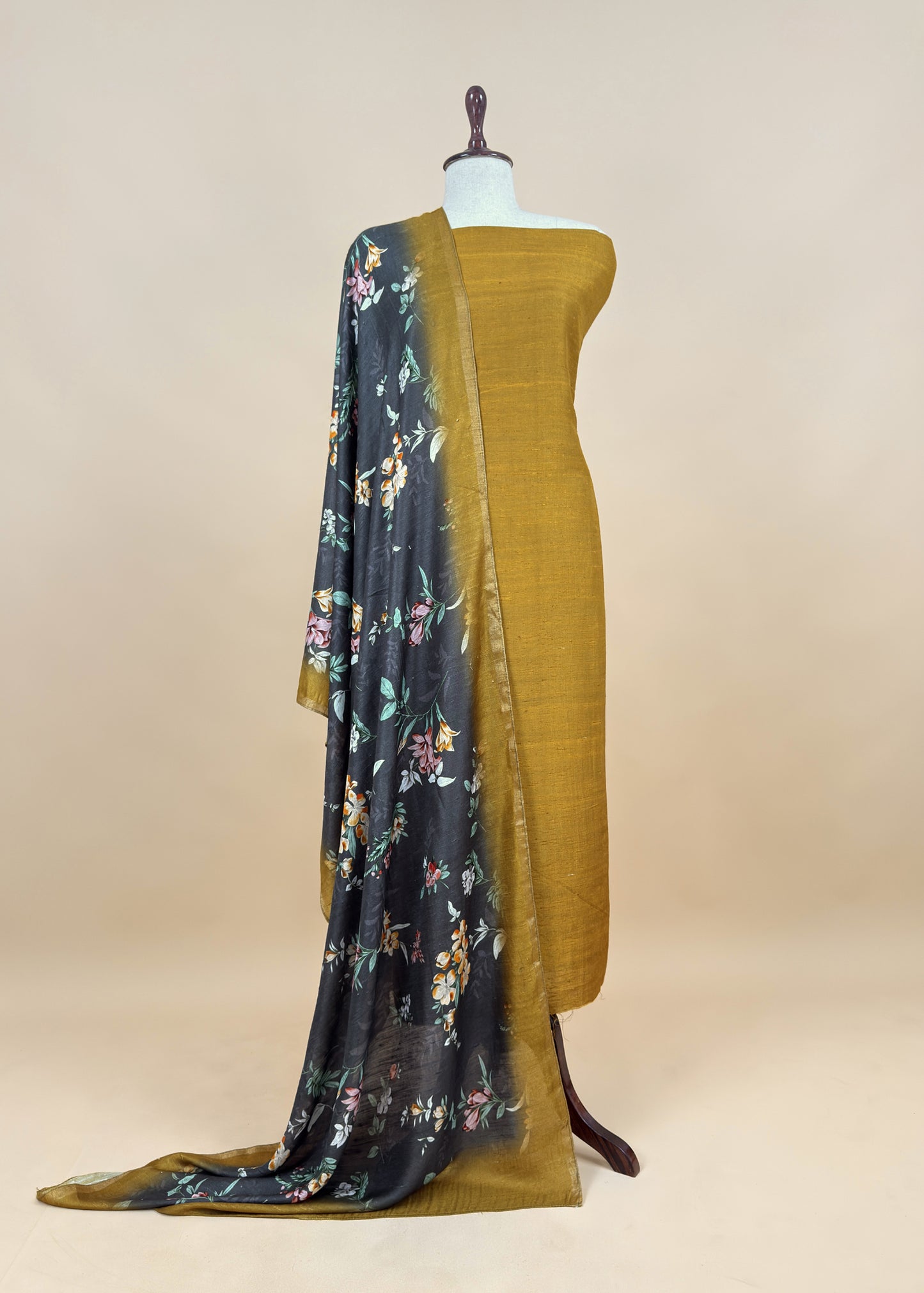 Yellow Raw Silk Unstitched Suits With Kalamkari Dupatta