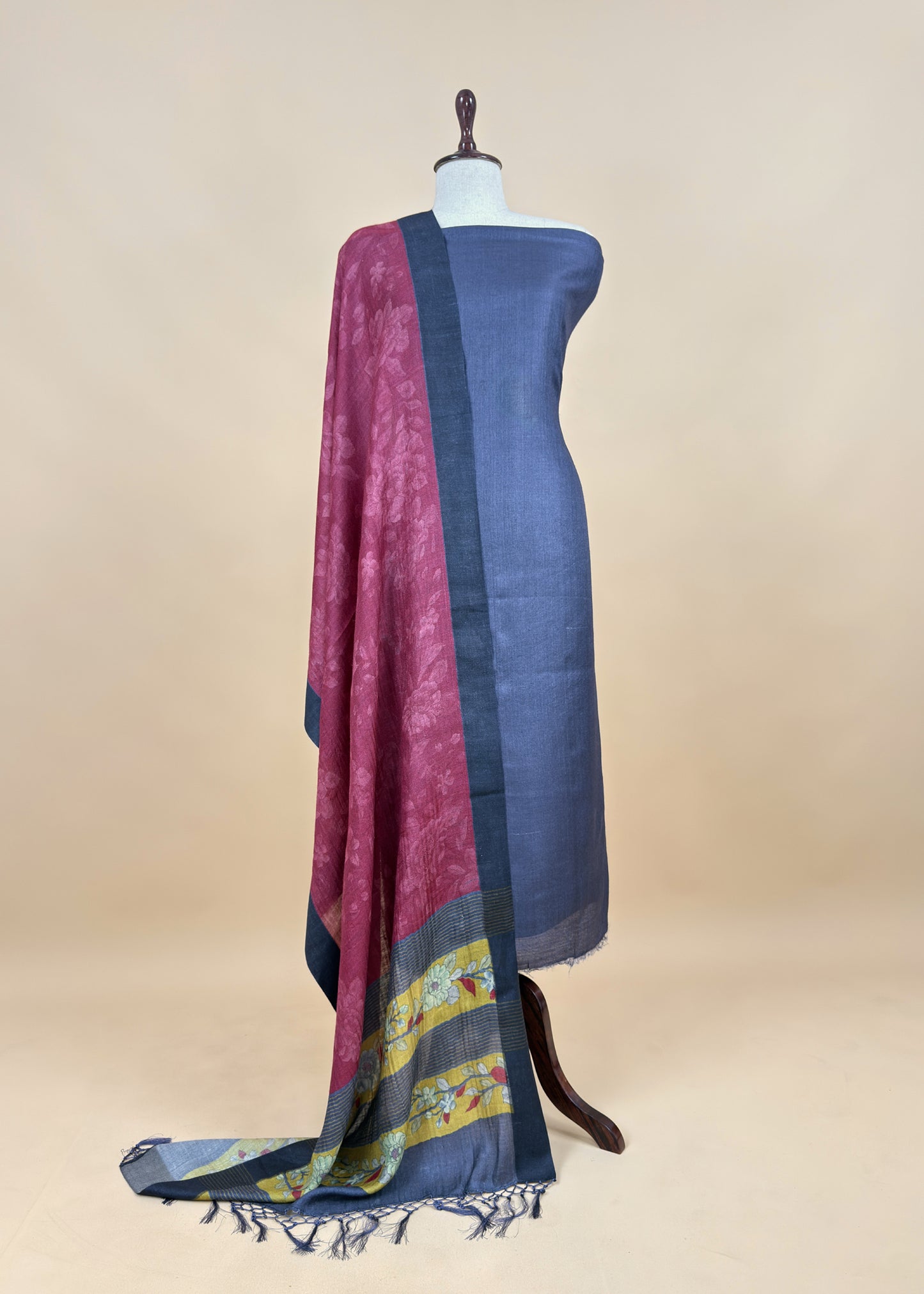 Blue Pashmina Unstitched Suits With Kalamkari Dupatta