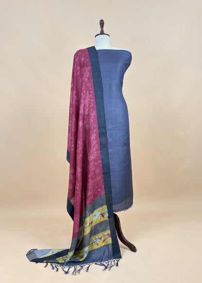 Wine Pashmina Unstitched Suits With Kalamkari Dupatta