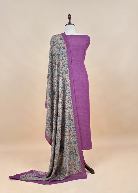 Purple Pashmina Unstitched Suits With Kalamkari Dupatta