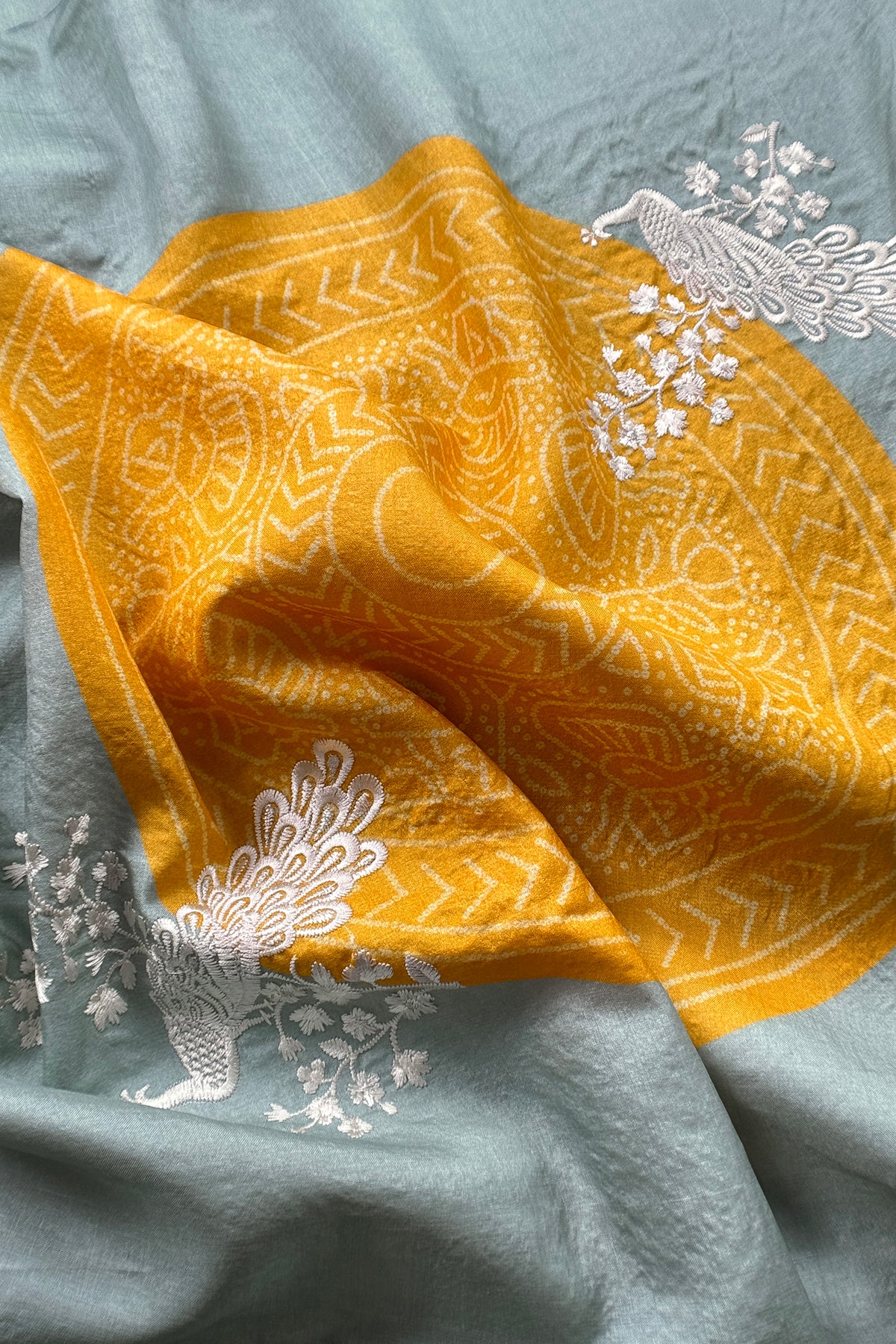 Powder Blue Pure Handwoven Silk Suit With Tussar Bandhani Dupatta