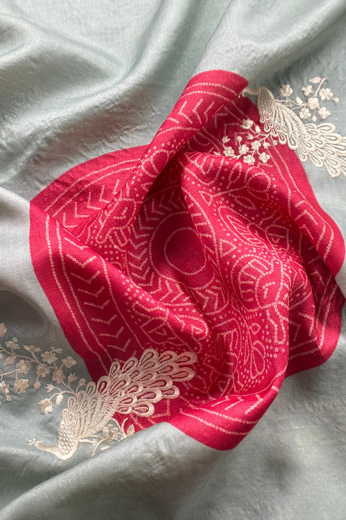 Powder Blue Pure Handwoven Silk Suit With Tussar Bandhani Dupatta