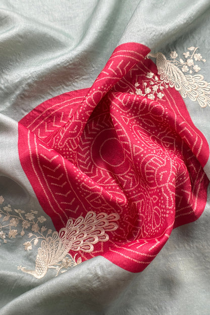 Powder Blue Pure Handwoven Silk Suit With Tussar Bandhani Dupatta
